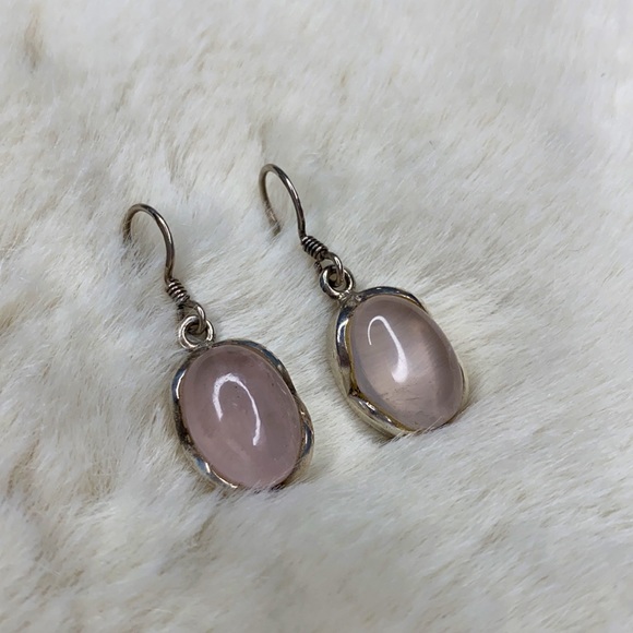 Oval Rose Quartz Silver Earrings - Picture 2 of 5